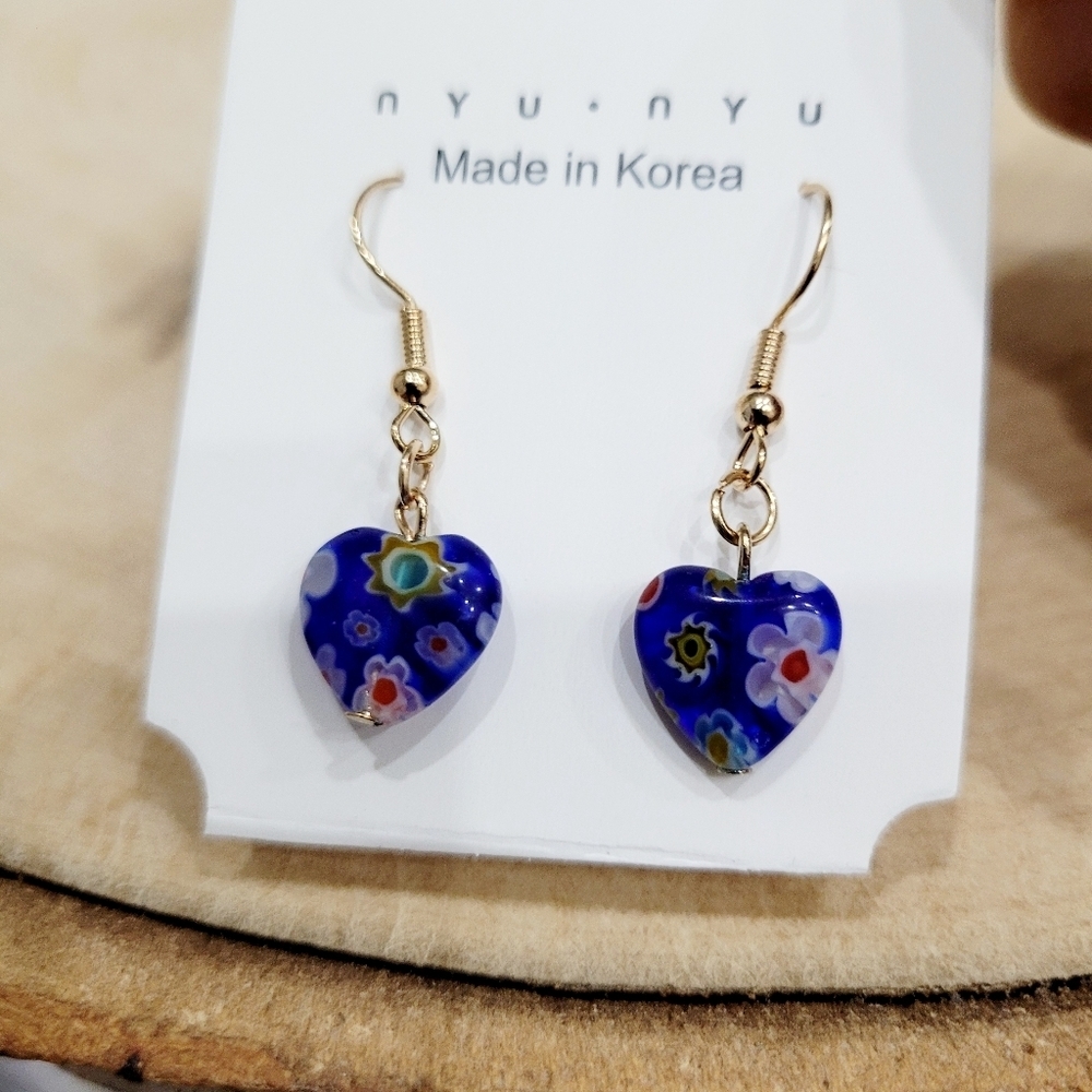 Brand New Gold Tone Blue Glass Bead Heart Dangle Earrings
